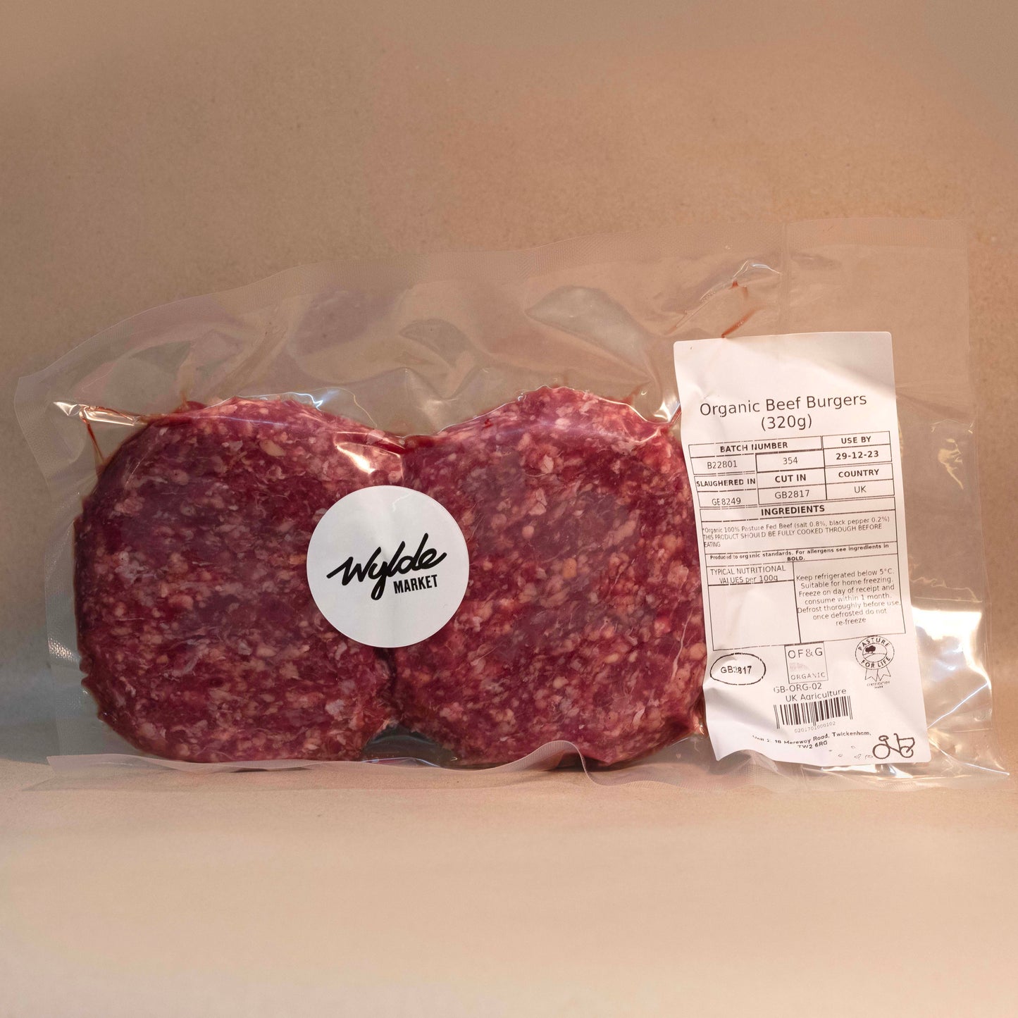Pasture fed organic beef burgers