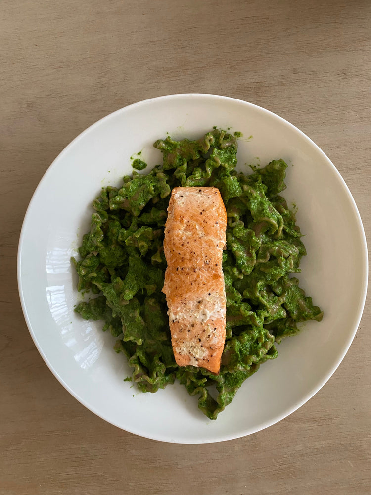 Pan-Seared Wild Coho Salmon with Ancient Heritage Wheat Reginette Pasta & Wild Garlic Kale Cream Sauce