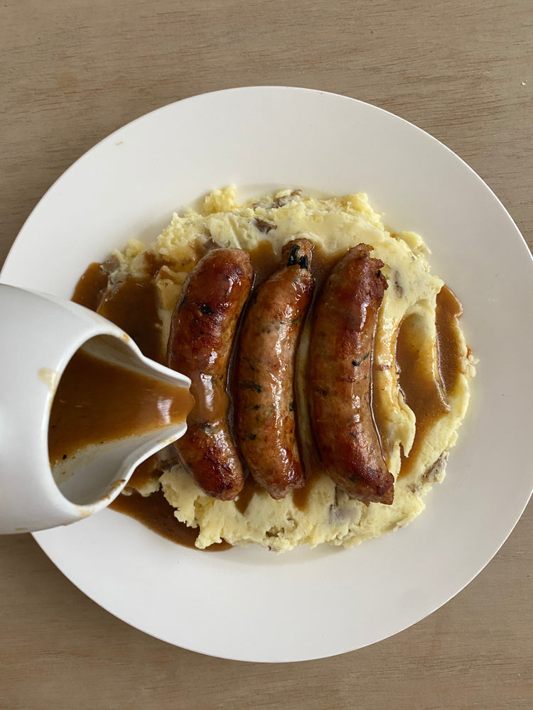Organic Pork & Wild Garlic Sausages with Orla Potato Mash & Sausage Pan Gravy