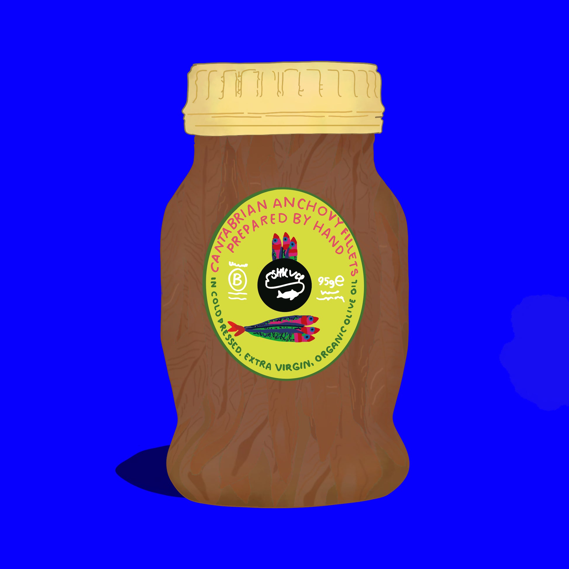 Illustration of anchovy fillets in organic extra virgin olive oil, rich fillets in golden oil.