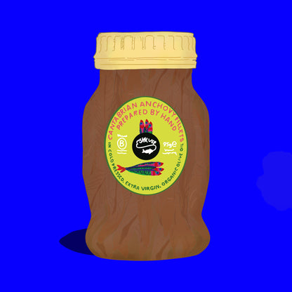 Illustration of anchovy fillets in organic extra virgin olive oil, rich fillets in golden oil.