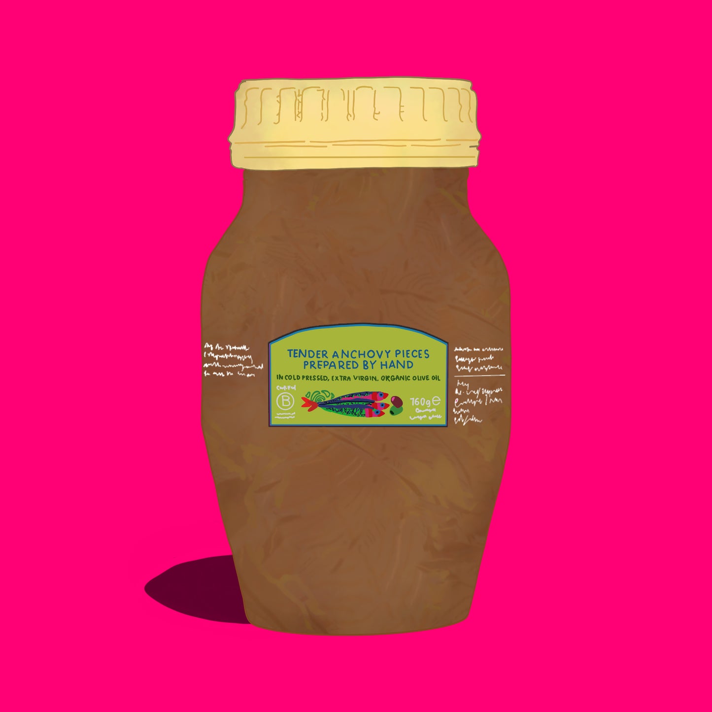 Illustration of anchovy pieces in organic extra virgin olive oil, rich fillets in golden oil.