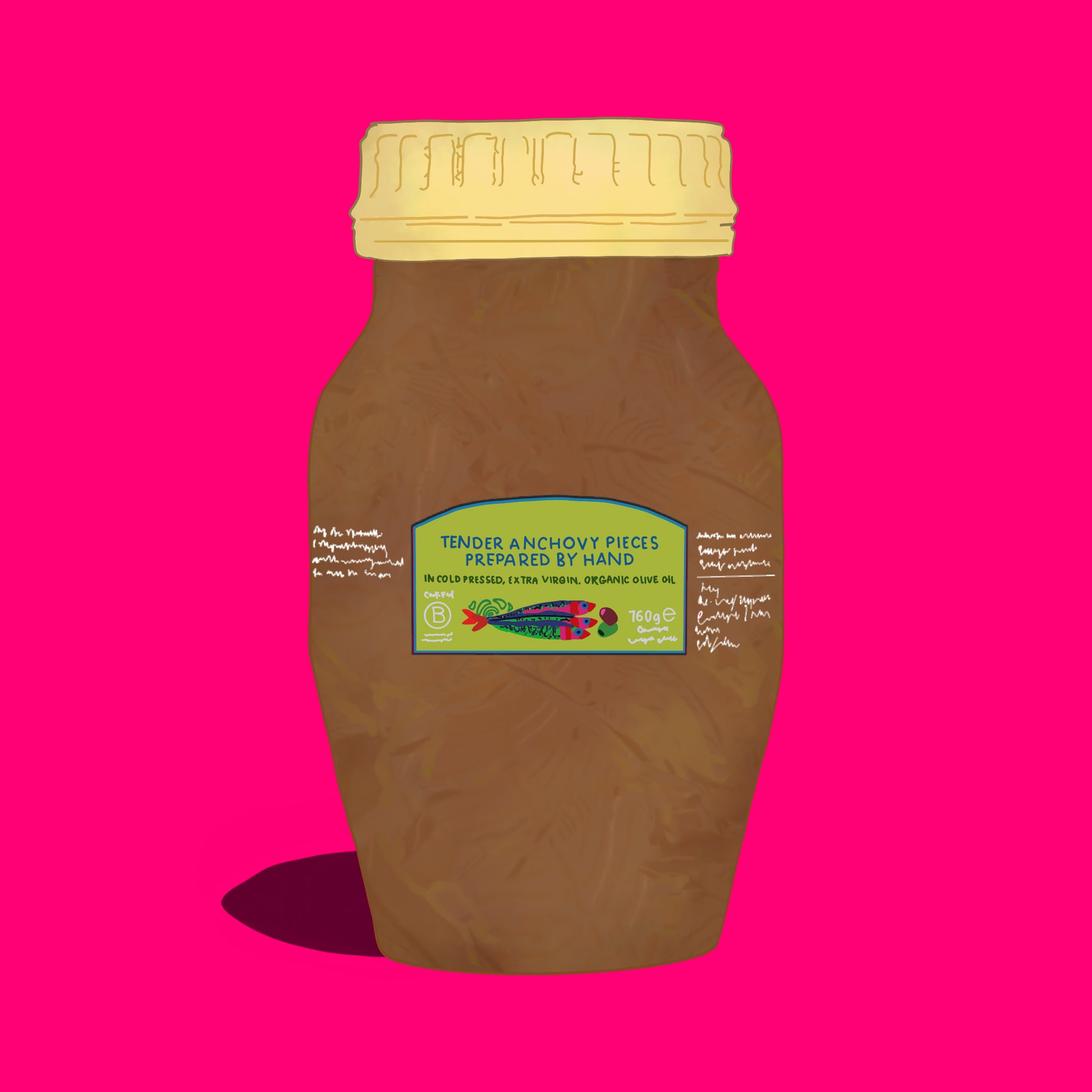 Illustration of anchovy pieces in organic extra virgin olive oil, rich fillets in golden oil.