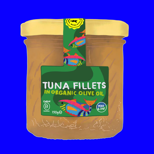 Tuna fillets, caught using rod and line preserved in organic olive oil