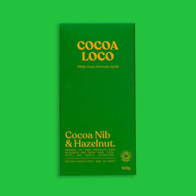 Organic cocoa nib & hazelnut dark chocolate bar