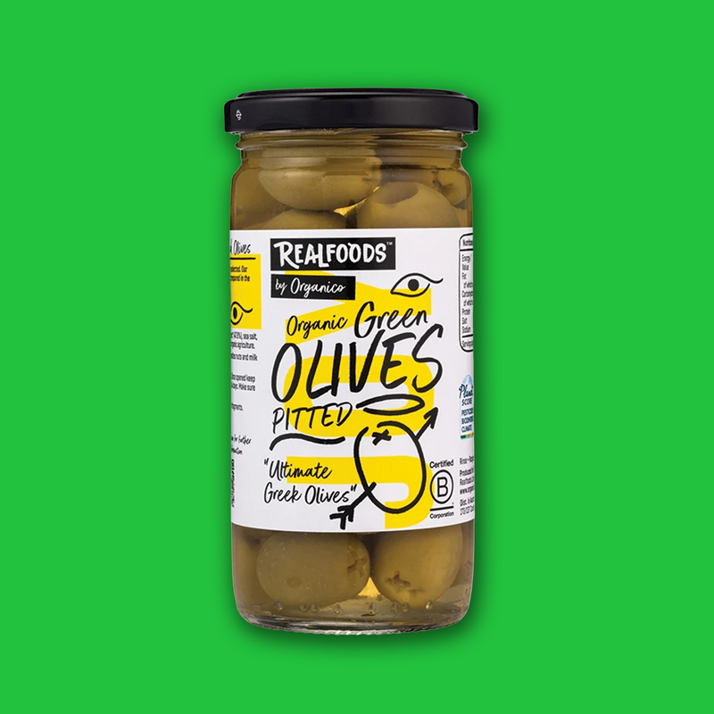 Organic green pitted olives