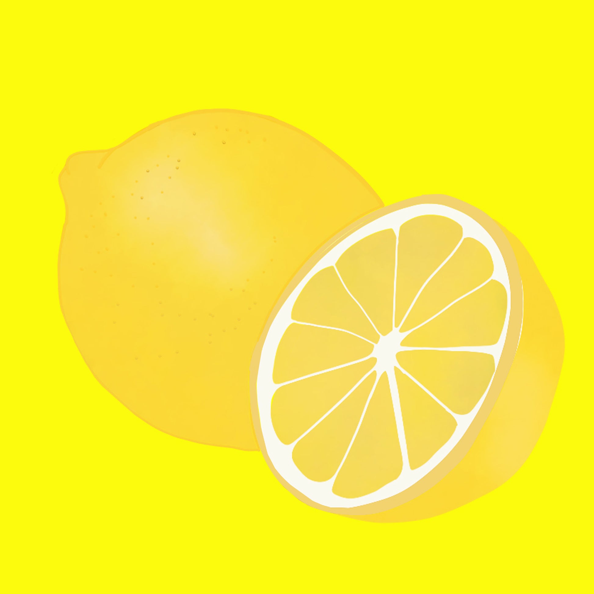Illustration of lemon, whole and sliced with bright yellow skin and juicy flesh.