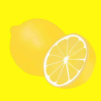 Illustration of lemon, whole and sliced with bright yellow skin and juicy flesh.