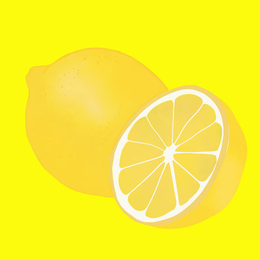 Illustration of lemon, whole and sliced with bright yellow skin and juicy flesh.