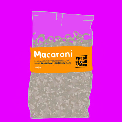 Organic bronze-cut macaroni pasta made from freshly stoneground British wheat.