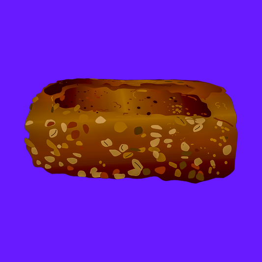 Nordic rye bread loaf with a dark crust and dense, seeded texture.