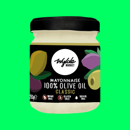 Jar of creamy olive oil mayonnaise with a smooth pale texture and minimalist label.