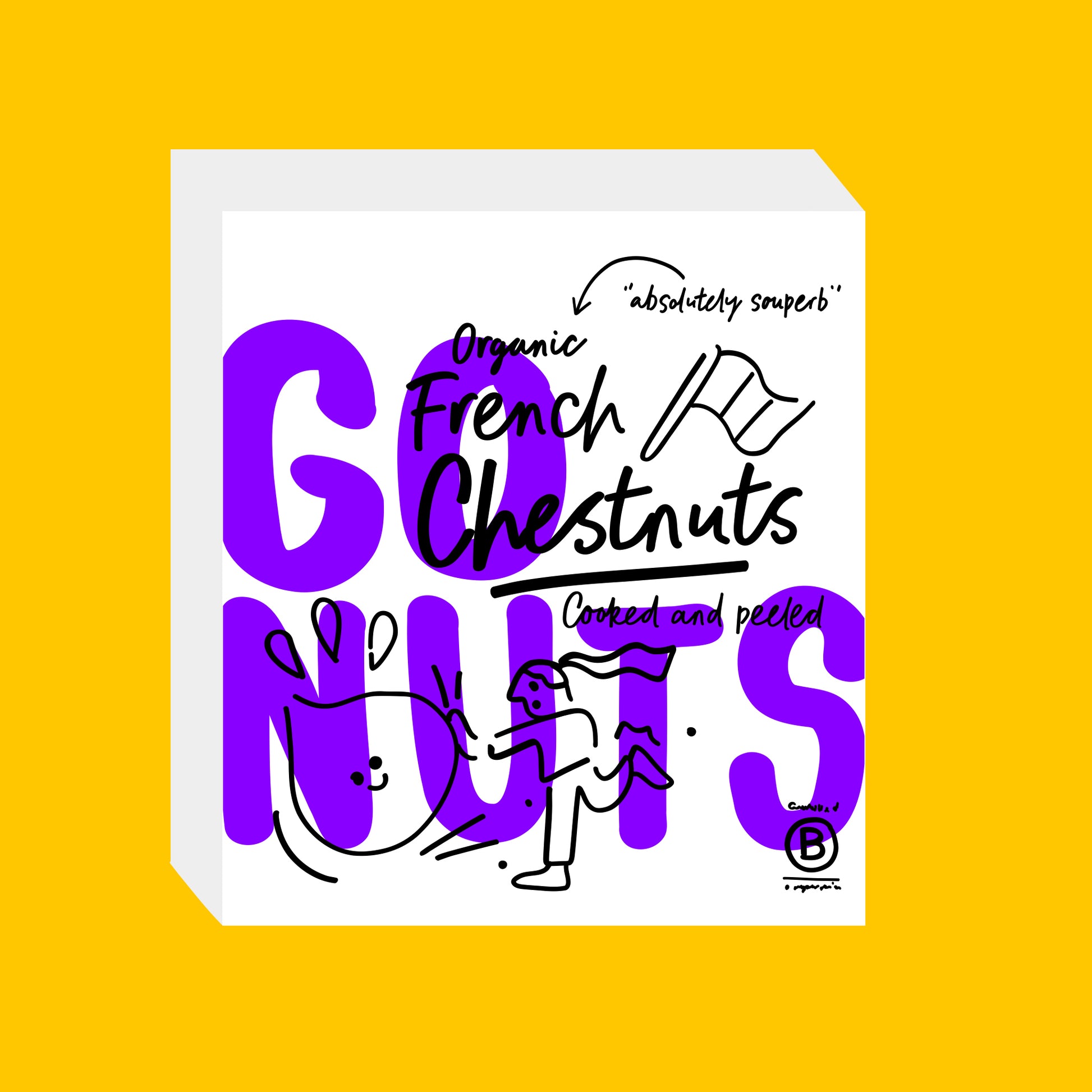 Illustration of organic French peeled chestnuts, smooth whole chestnuts with a rich brown colour.