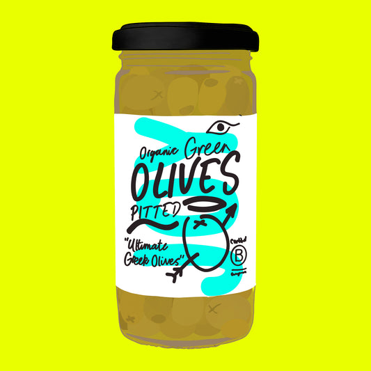 Organic green pitted olives, firm and briny Greek olives