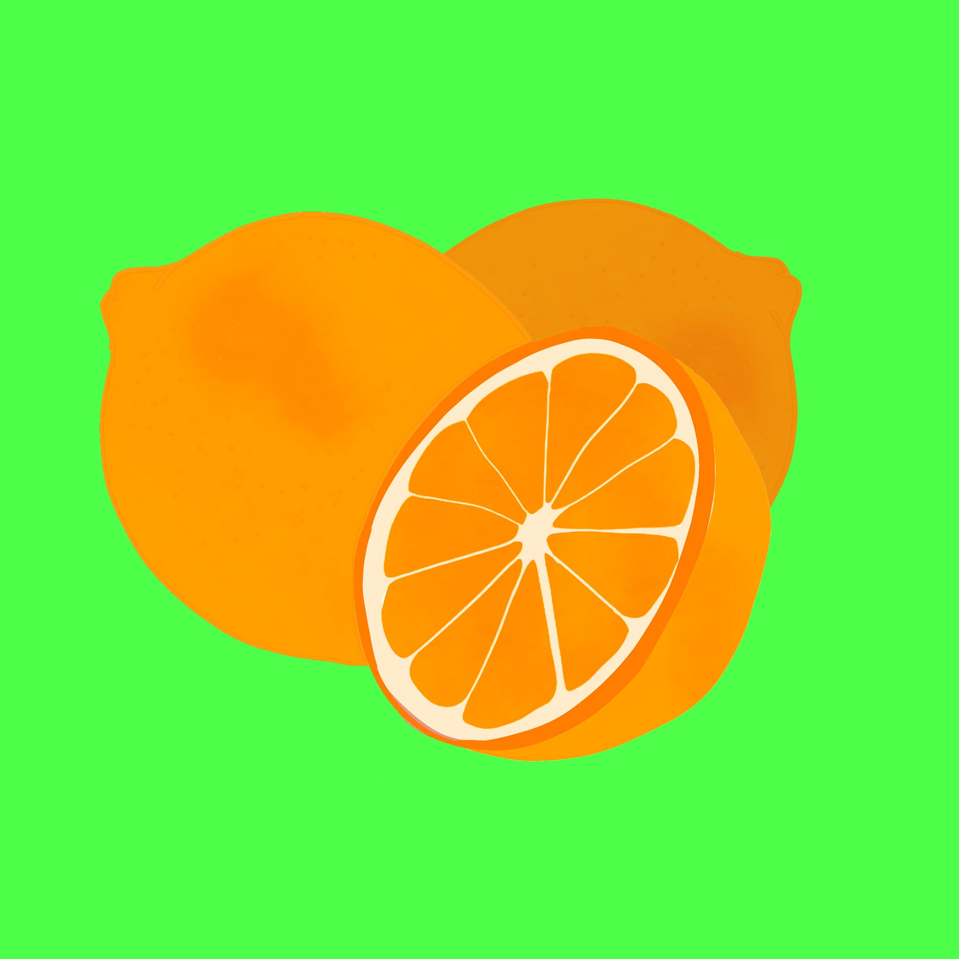 Illustration of organic Spanish oranges, whole and sliced with bright orange flesh.