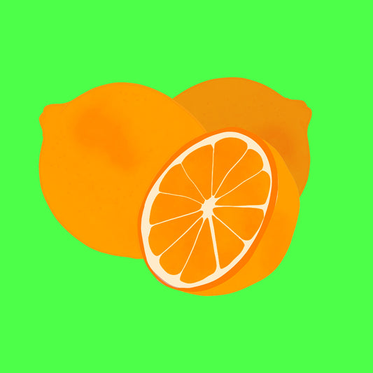 Illustration of organic Spanish oranges, whole and sliced with bright orange flesh.