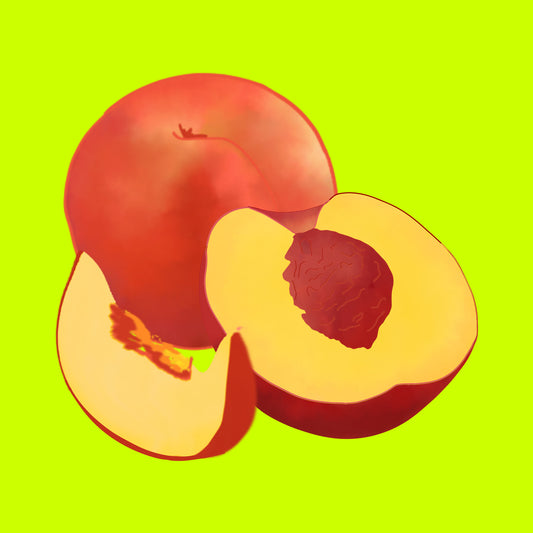 Illustration of organic Spanish yellow nectarines, smooth ripe fruit with golden flesh.
