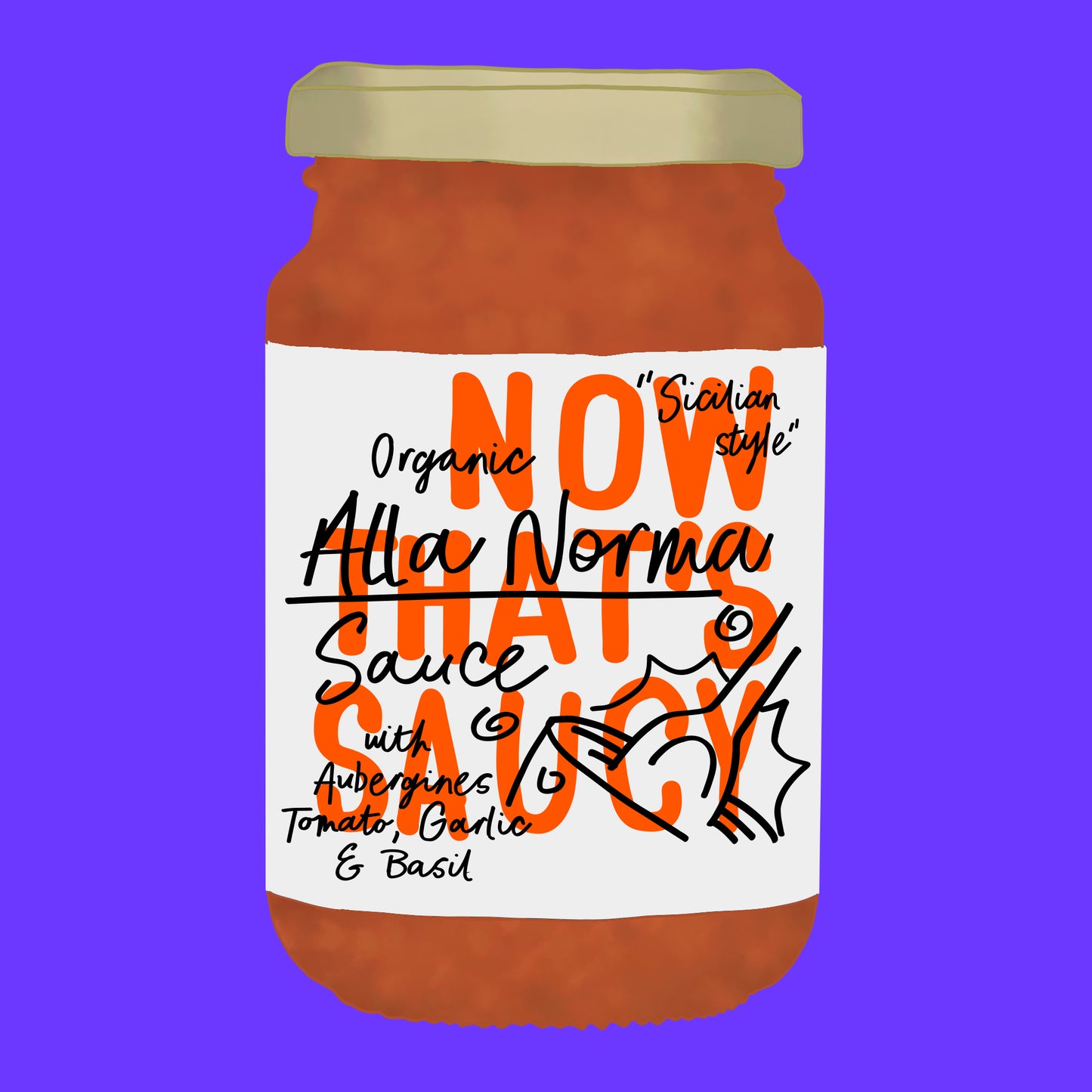 Illustration of organic alla norma sauce, rich tomato sauce with aubergine and herbs.
