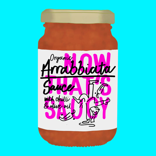 Illustration of organic arrabbiata sauce, spicy tomato sauce with chilli and rich texture.