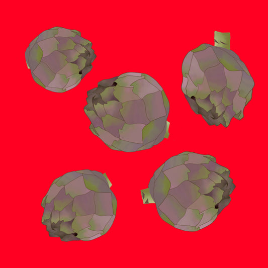 Illustration of organic baby purple artichoke, small purple-green artichokes with layered leaves.