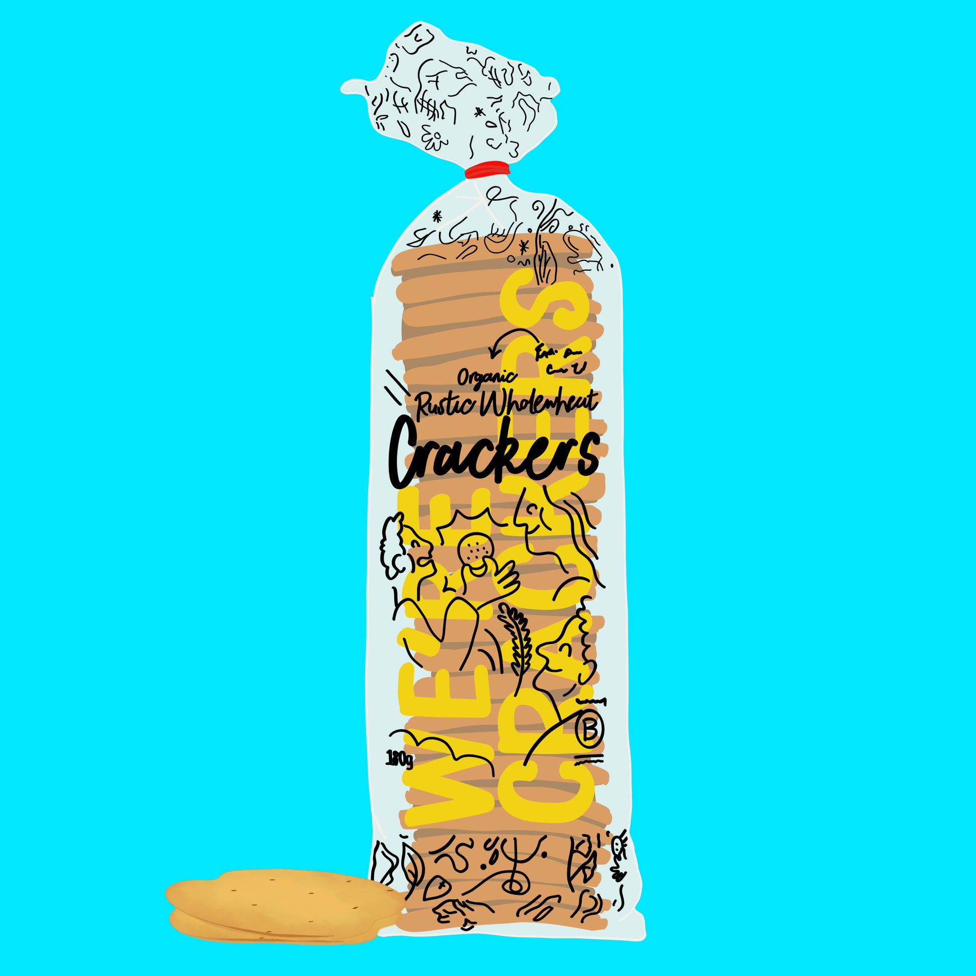 Illustration of organic baked wholewheat crackers, crisp rustic crackers with a golden, grainy texture.
