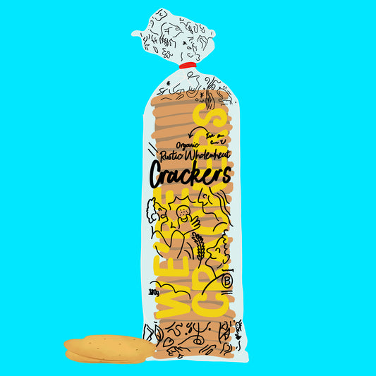 Illustration of organic baked wholewheat crackers, crisp rustic crackers with a golden, grainy texture.