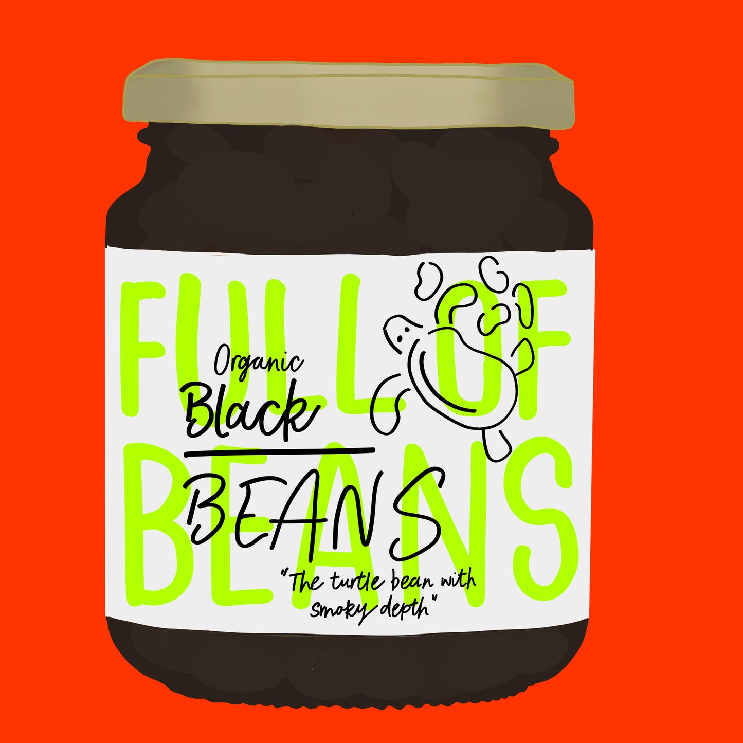 Illustration of organic black beans in water, glossy beans in a clear jar.