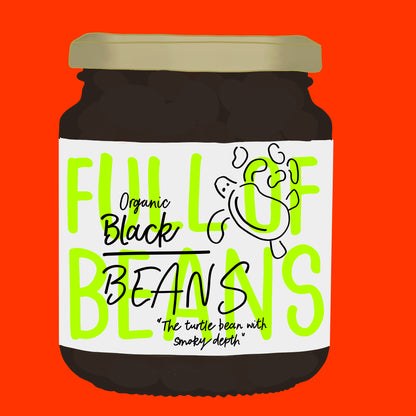 Illustration of organic black beans in water, glossy beans in a clear jar.