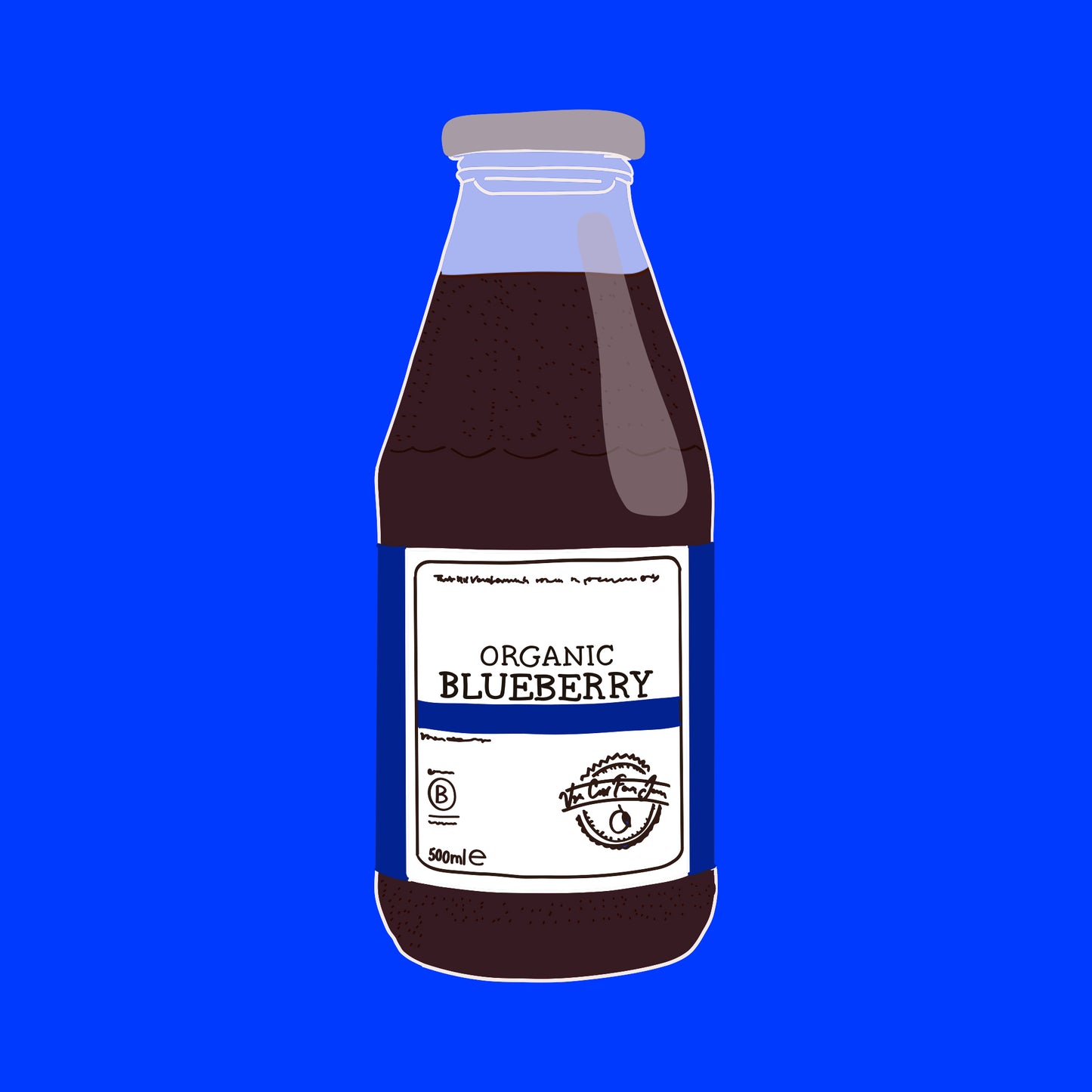 Illustration of organic blueberry juice bottle with dark berry juice and a white label.