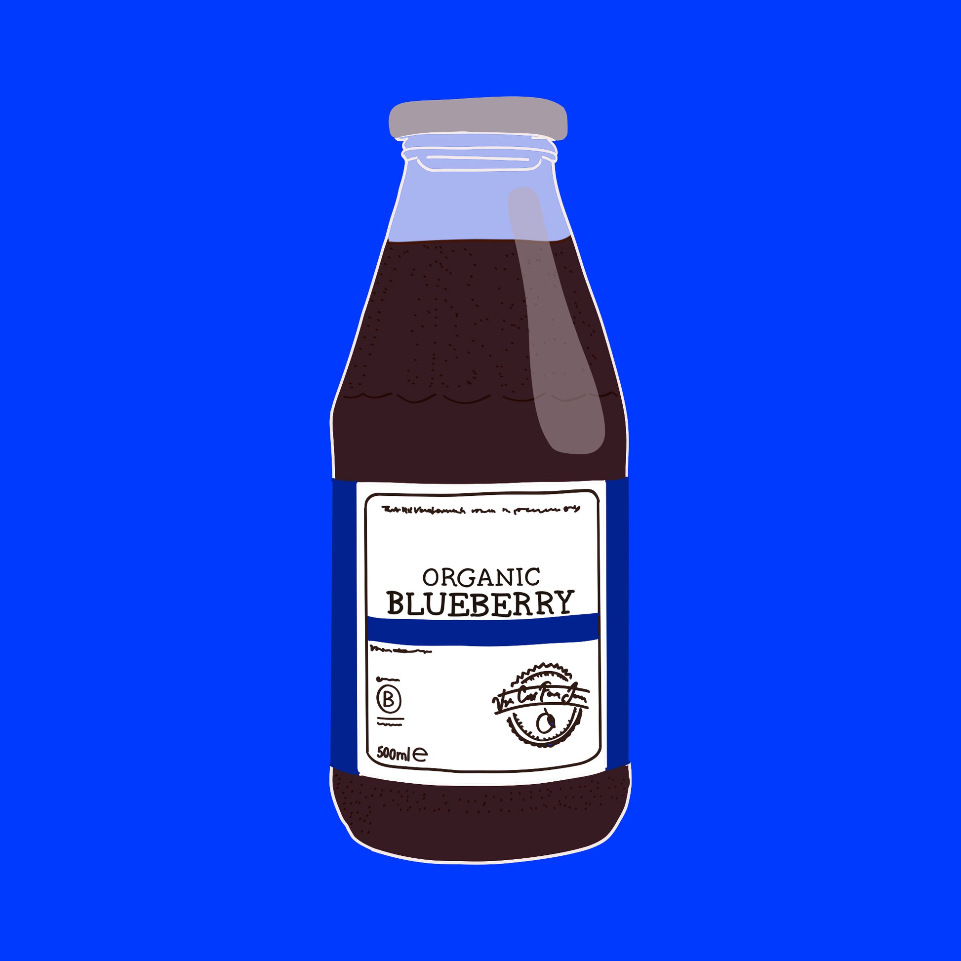 Illustration of organic blueberry juice bottle with dark berry juice and a white label.