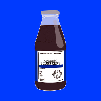 Illustration of organic blueberry juice bottle with dark berry juice and a white label.