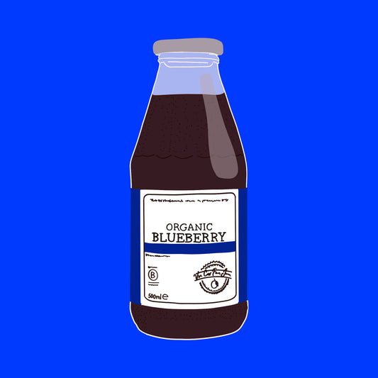 Illustration of organic blueberry juice bottle with dark berry juice and a white label.