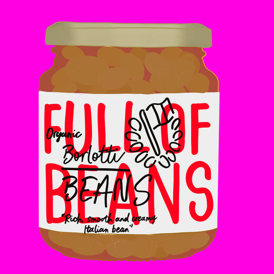 Illustration of organic borlotti beans in water, showing plump, speckled beans in a clear jar ready to eat.