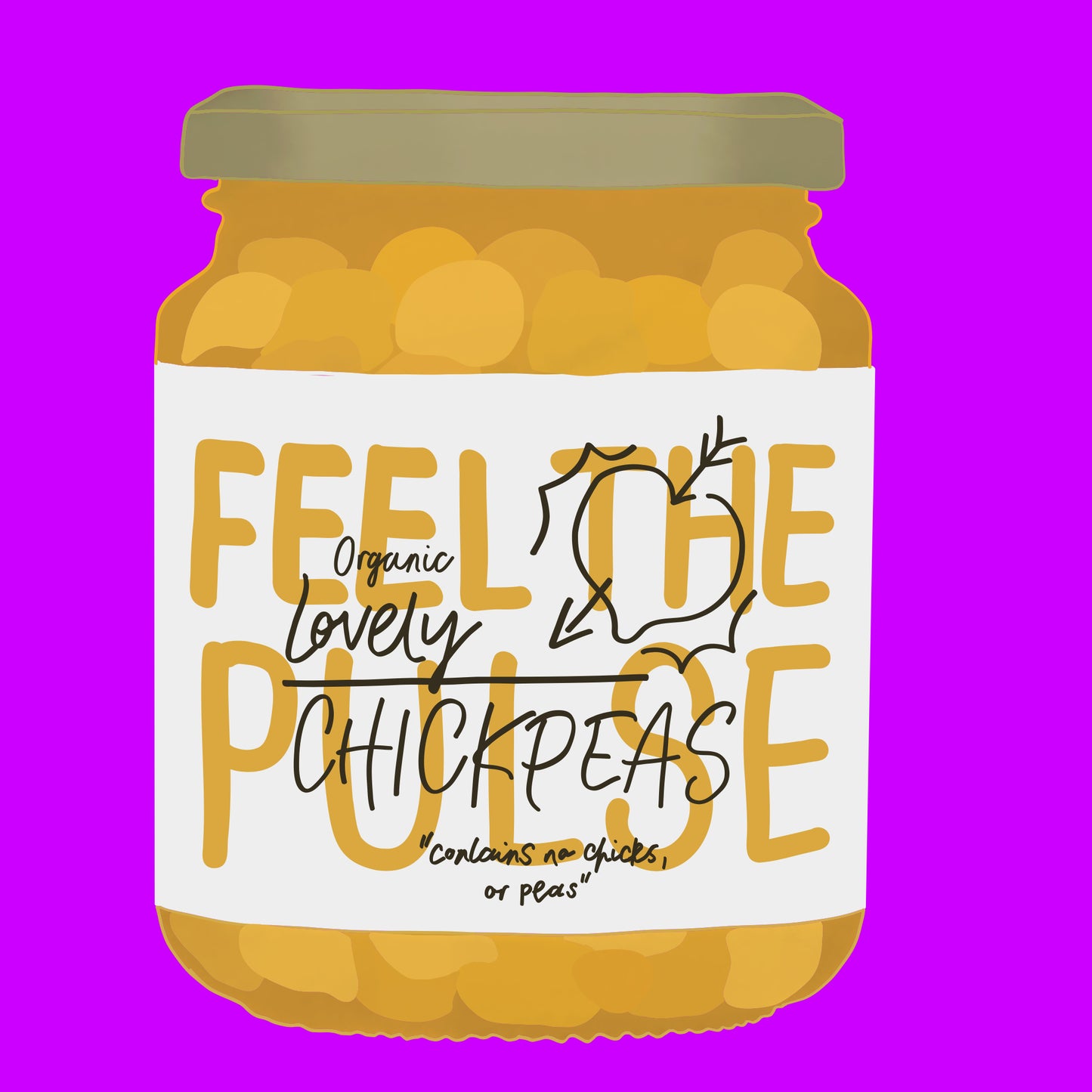 Illustration of organic chickpeas in water, plump golden chickpeas in a clear jar.