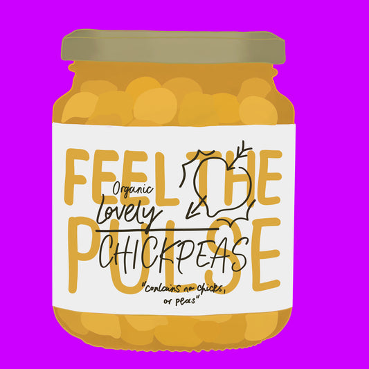 Illustration of organic chickpeas in water, plump golden chickpeas in a clear jar.