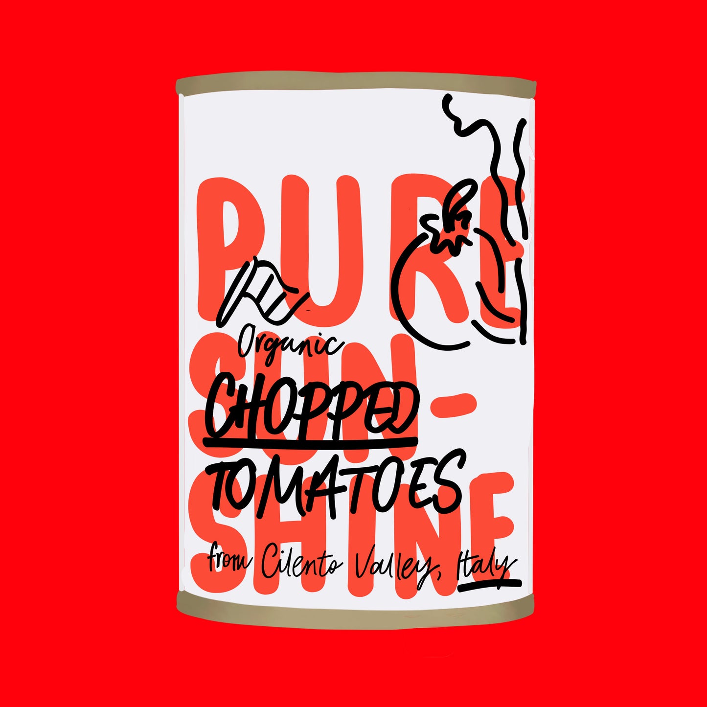 Illustration of organic chopped tomatoes, rich red pieces in natural tomato juice.