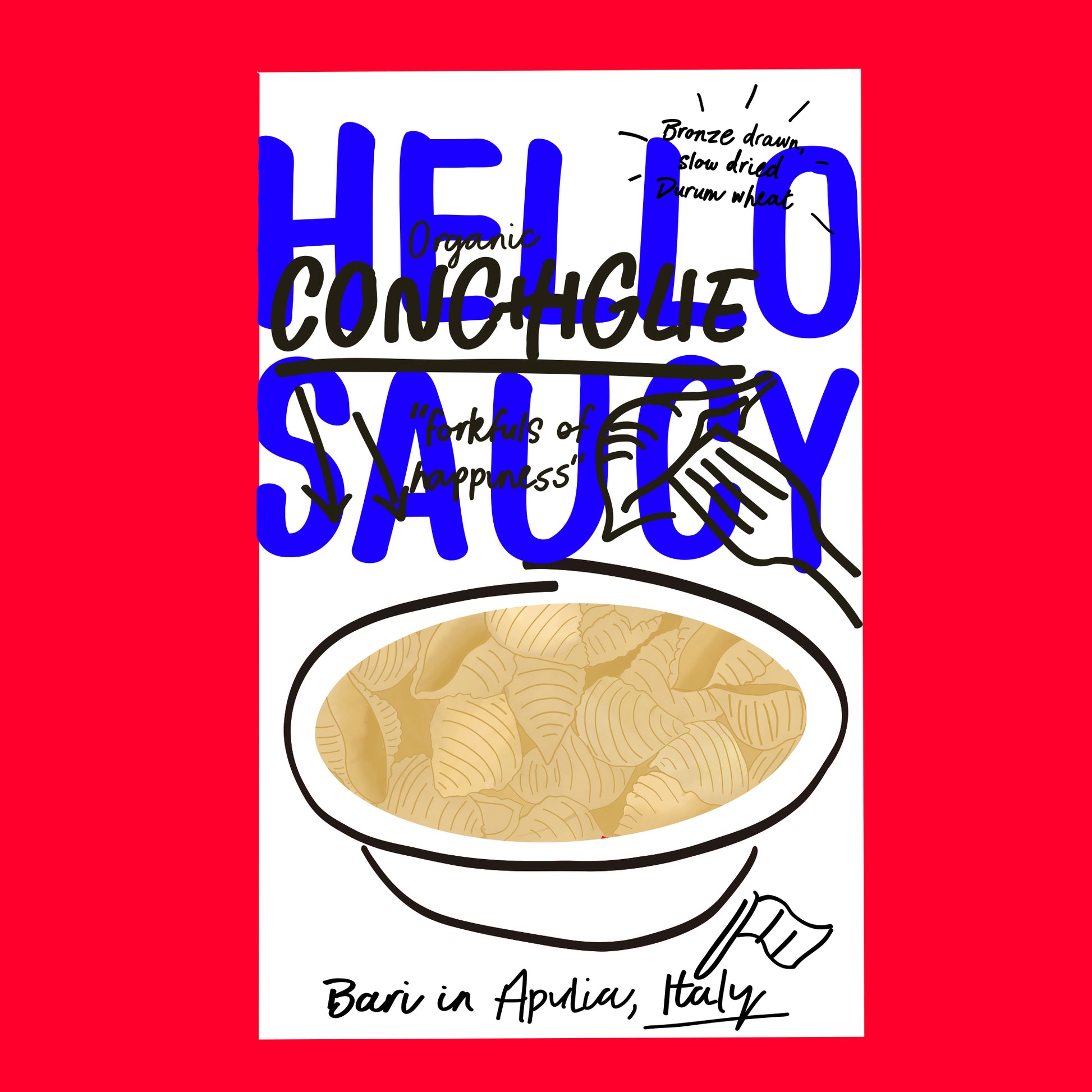 Illustration of organic conchiglie pasta, shell-shaped pasta with a smooth golden texture.