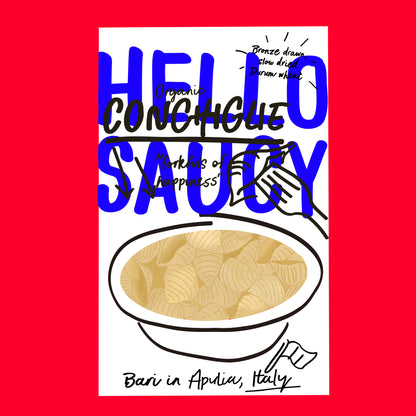 Illustration of organic conchiglie pasta, shell-shaped pasta with a smooth golden texture.