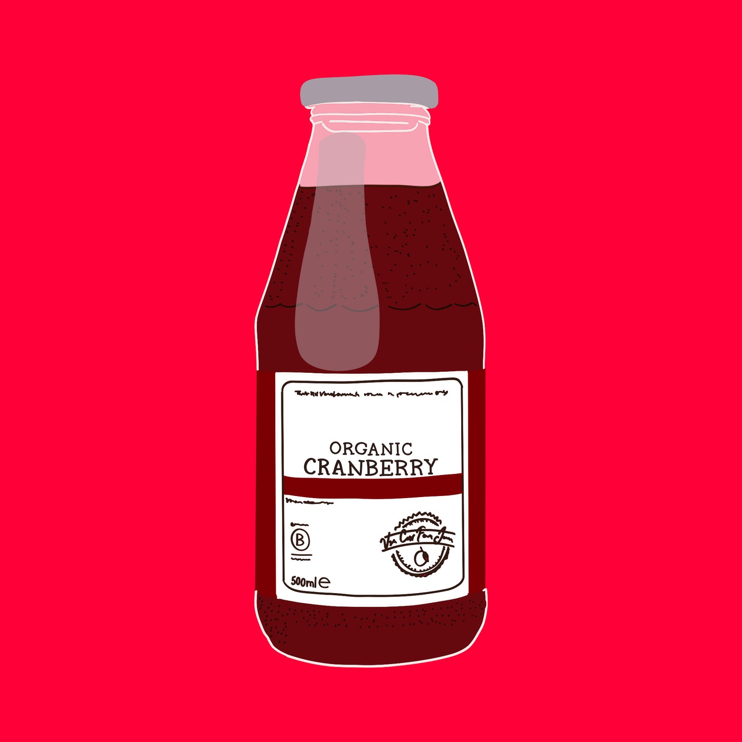 Illustration of organic cranberry juice bottle with deep red juice and a white label.