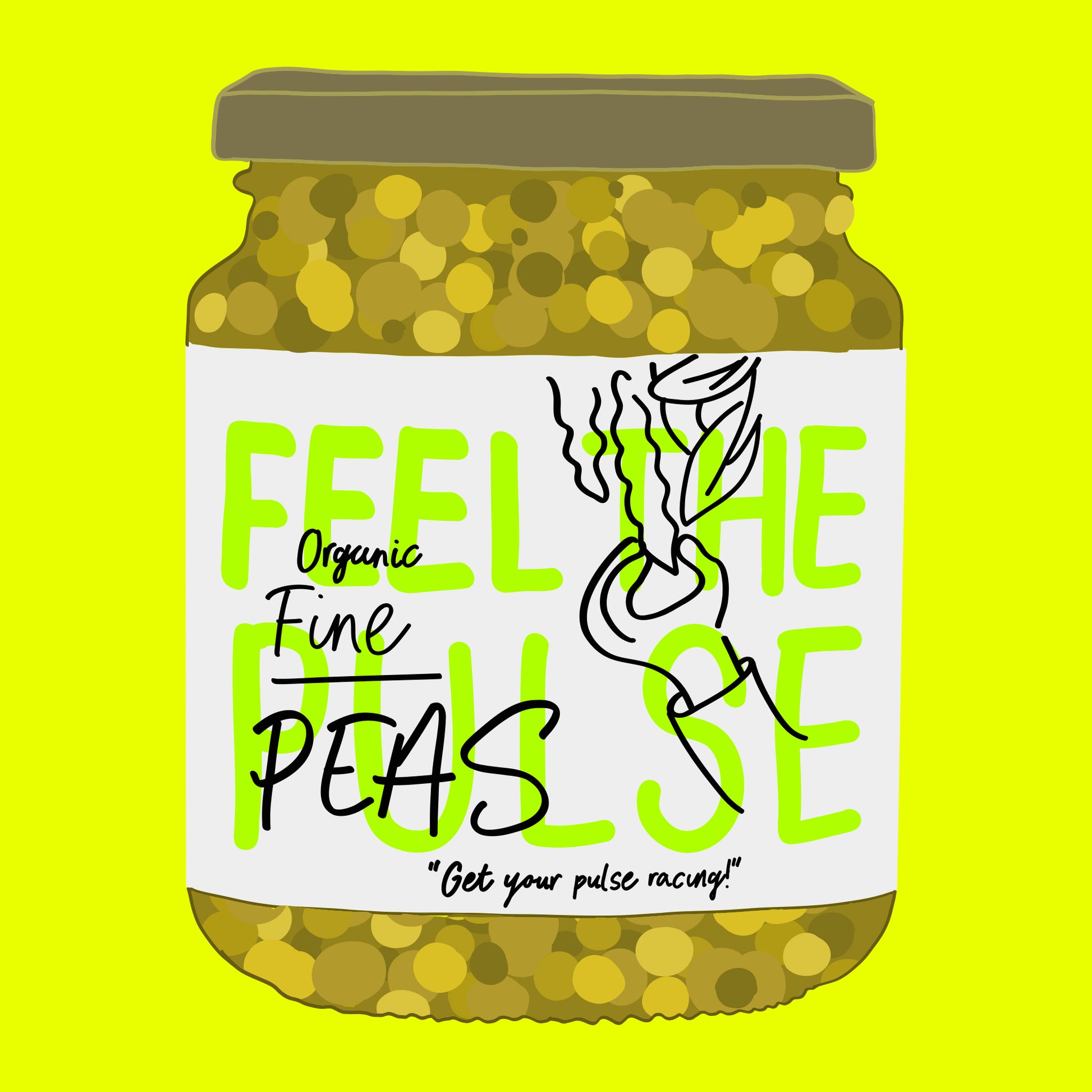 Illustration of organic fine peas in water, bright green peas in a clear jar.