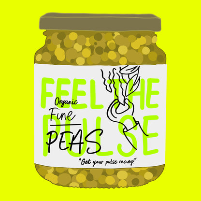 Illustration of organic fine peas in water, bright green peas in a clear jar.