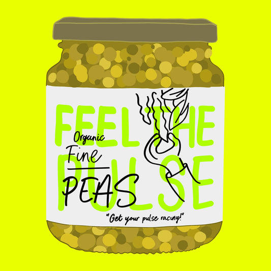 Illustration of organic fine peas in water, bright green peas in a clear jar.