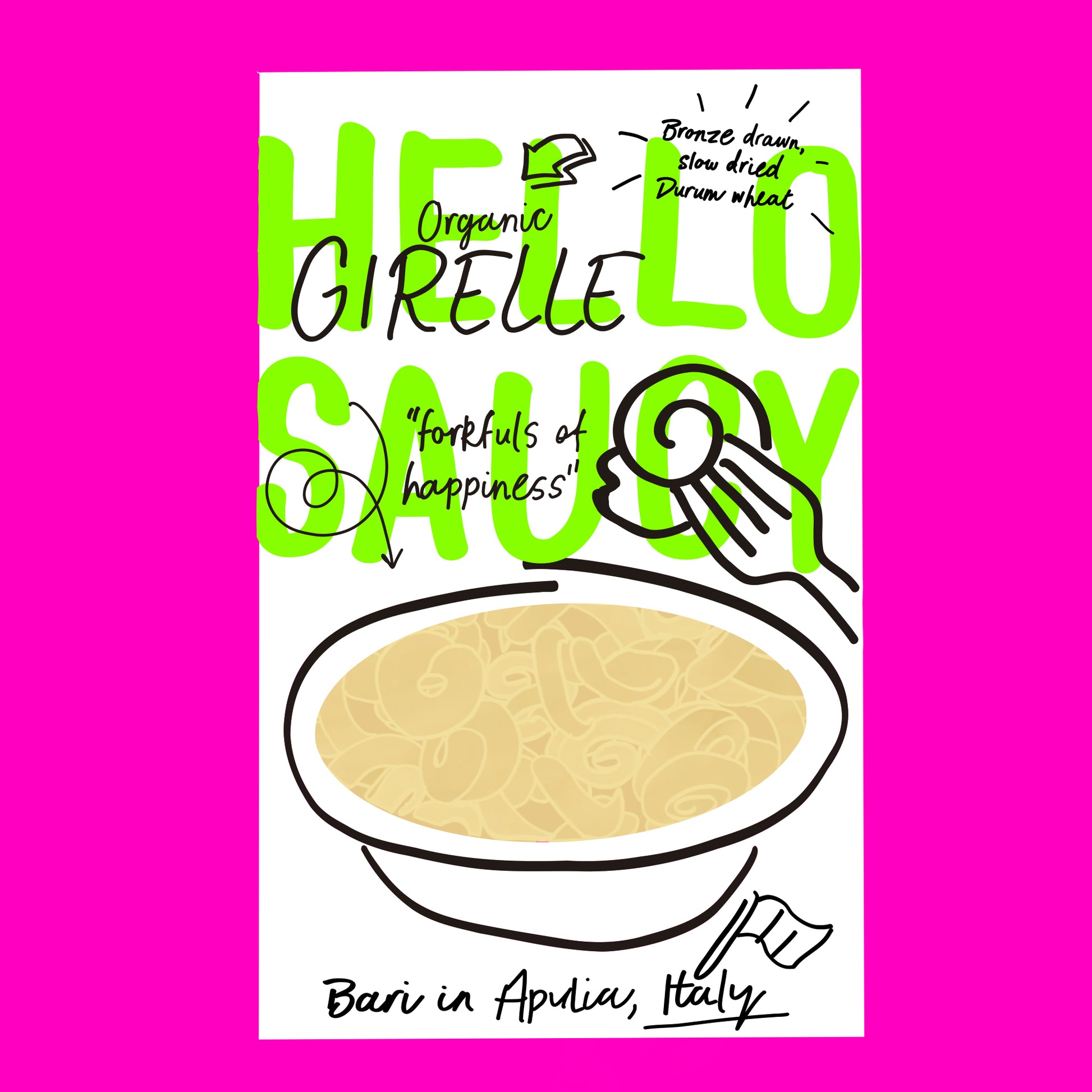 Illustration of organic girelle pasta, spiral-shaped pasta with a smooth golden texture.