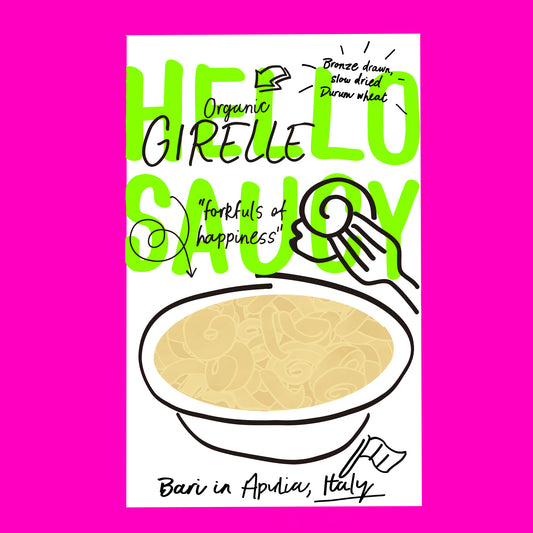 Illustration of organic girelle pasta, spiral-shaped pasta with a smooth golden texture.