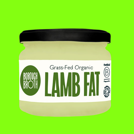 Illustration of organic lamb fat, white fat pieces with a smooth, firm texture.