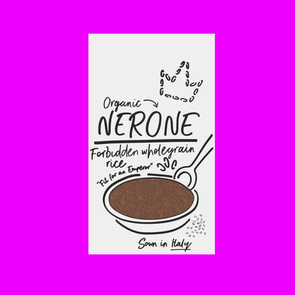 Illustration of organic nerone wholegrain rice, dark grains with a glossy, rich texture.