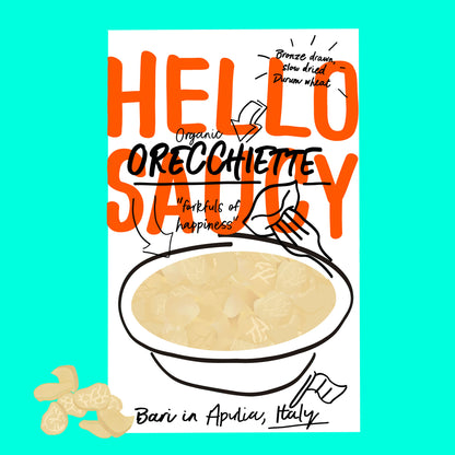 Illustration of organic orecchiette pasta, small ear-shaped pasta with a textured surface.