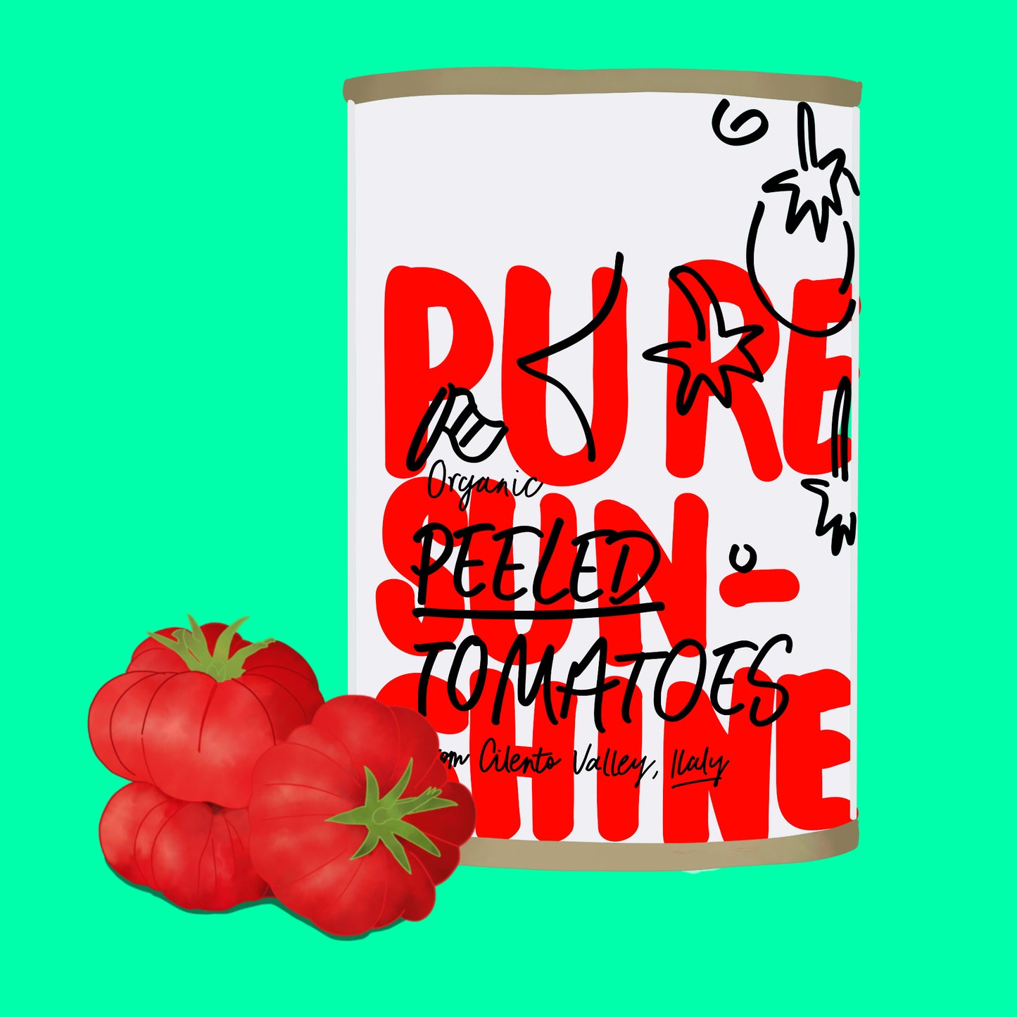 Illustration of organic peeled tomatoes, whole tomatoes in rich natural tomato juice.