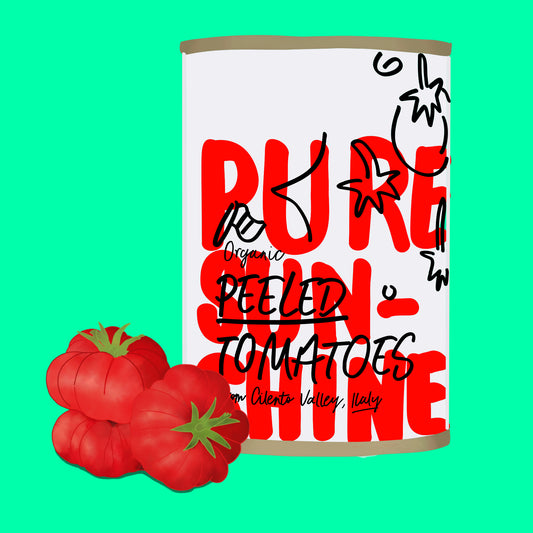 Illustration of organic peeled tomatoes, whole tomatoes in rich natural tomato juice.