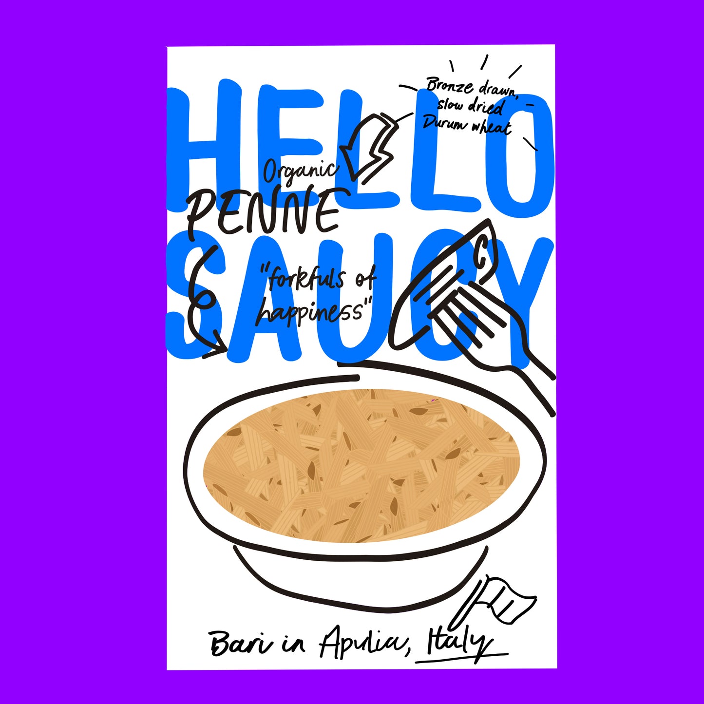 Illustration of organic penne pasta, short ridged tubes with a smooth golden texture.